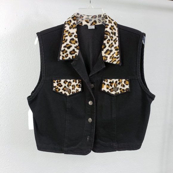 PS Creations Jackets & Blazers - PS Creations Women's Black Denim Button Down Leopard Print Jacket Coat Vest